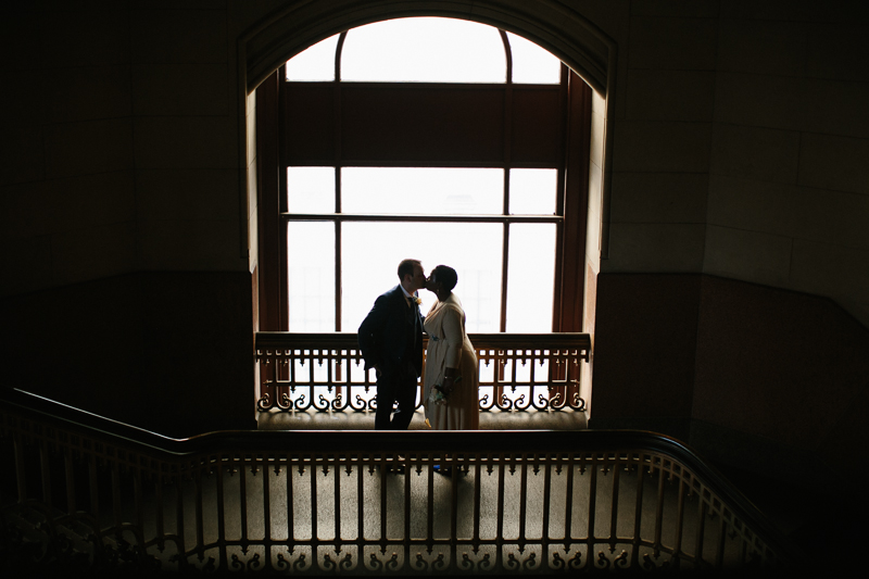 City Hall Wedding elopment Philadelphia bride groom stairs