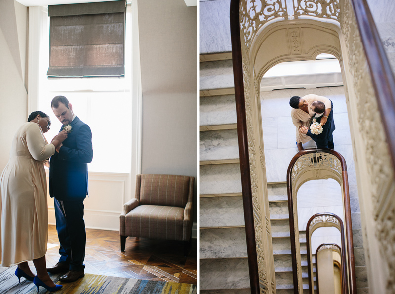 Bride helps her groom get ready before their elopement wedding at City Hall in Philly.