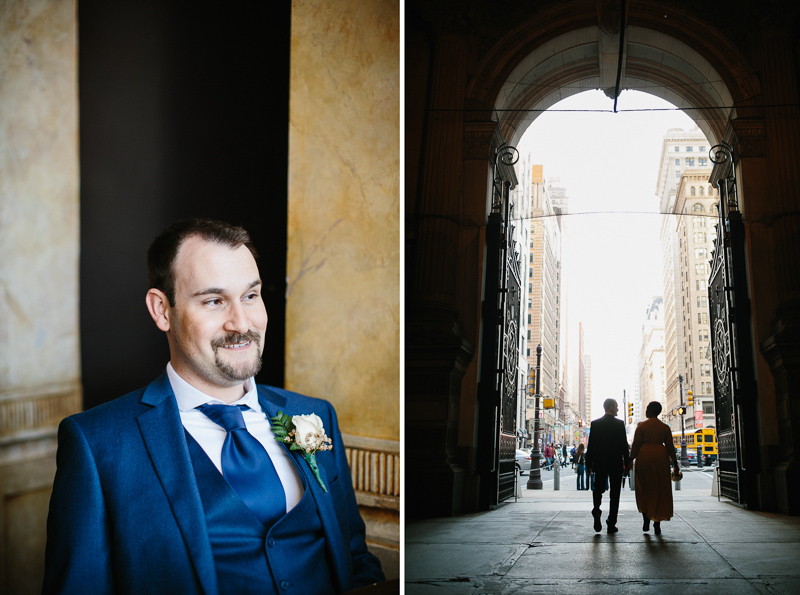 Bride and groom walk through City Hall to their elopement wedding.