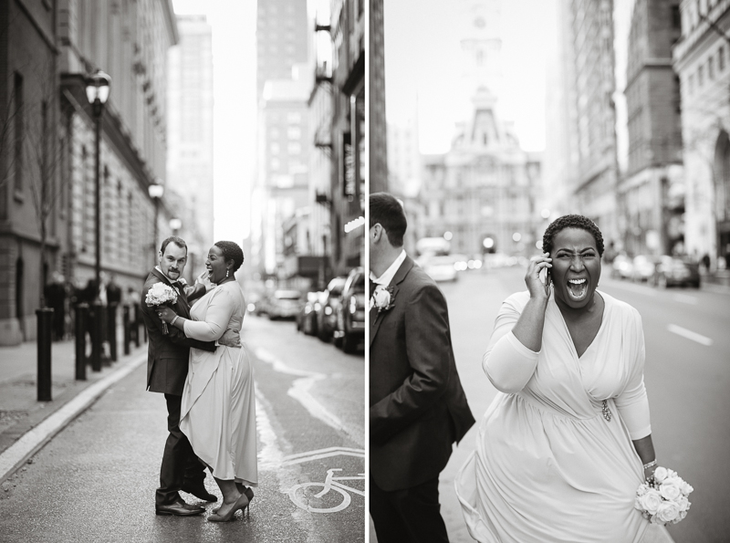 Bride and groom take photos outside of City Hall, where they were newly eloped.