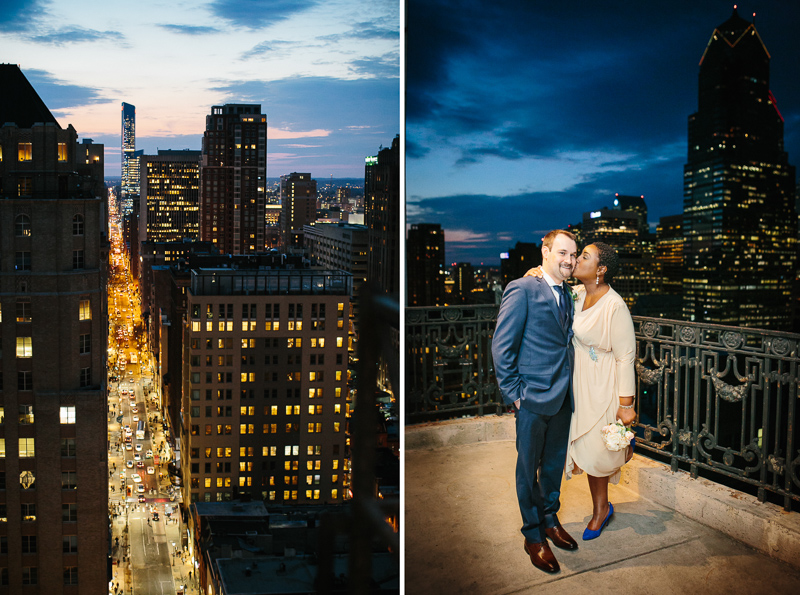 Unique view of the Philadelphia city skyline at twilight after this couple's intimate elopement. 