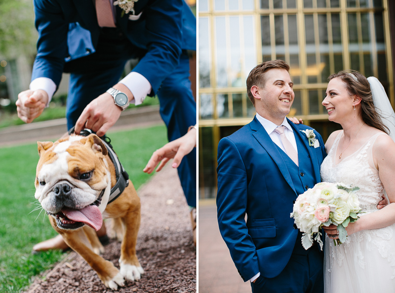 Bride and groom pose for portraits with their bulldog in Philadelphia.