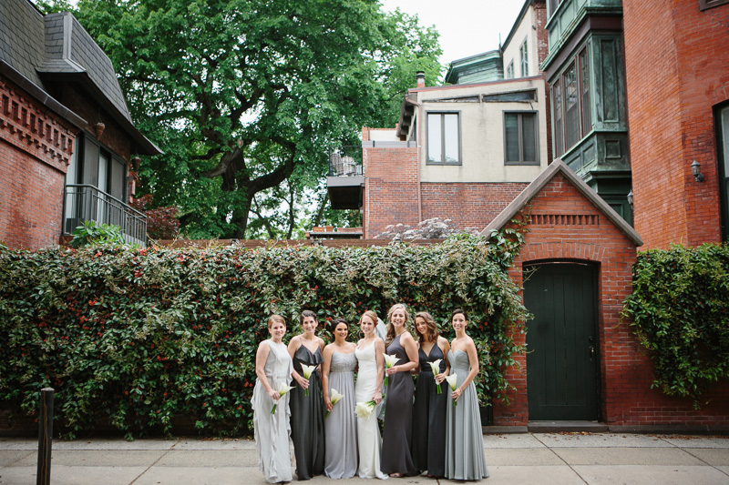 Bride with her bridesmaids in shades of grey in Philadelphia.