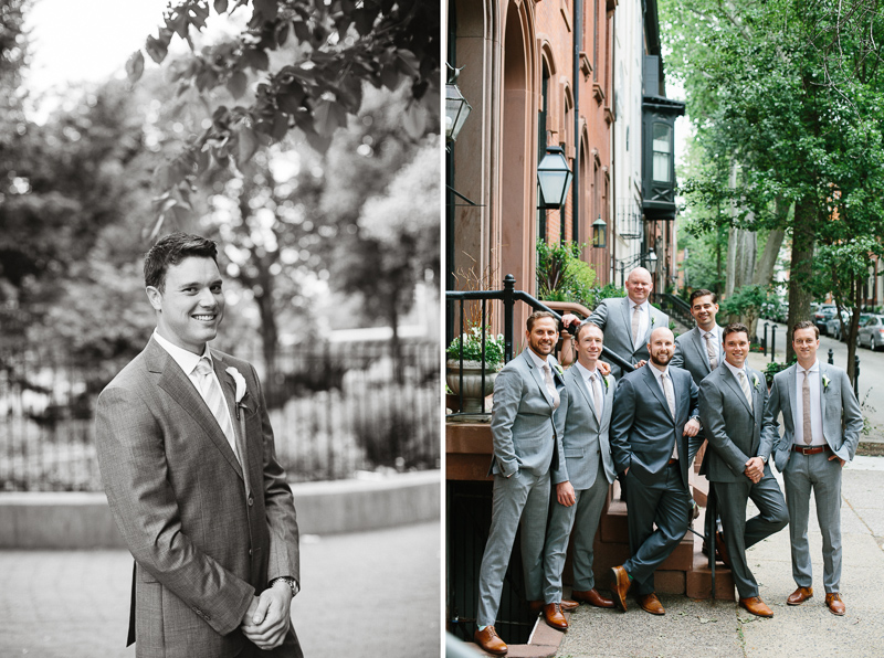 Groom and groomsmen along the classic streets of Philadelphia in Fitler Square. 