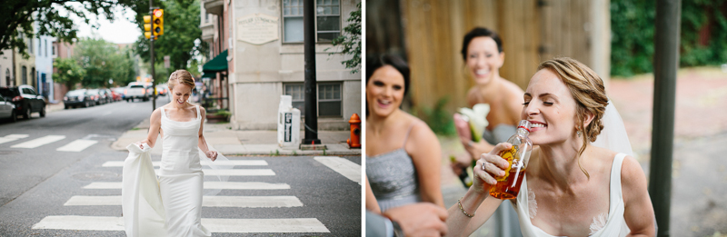 Bride walks along the streets of Philadelphia before her spring wedding.