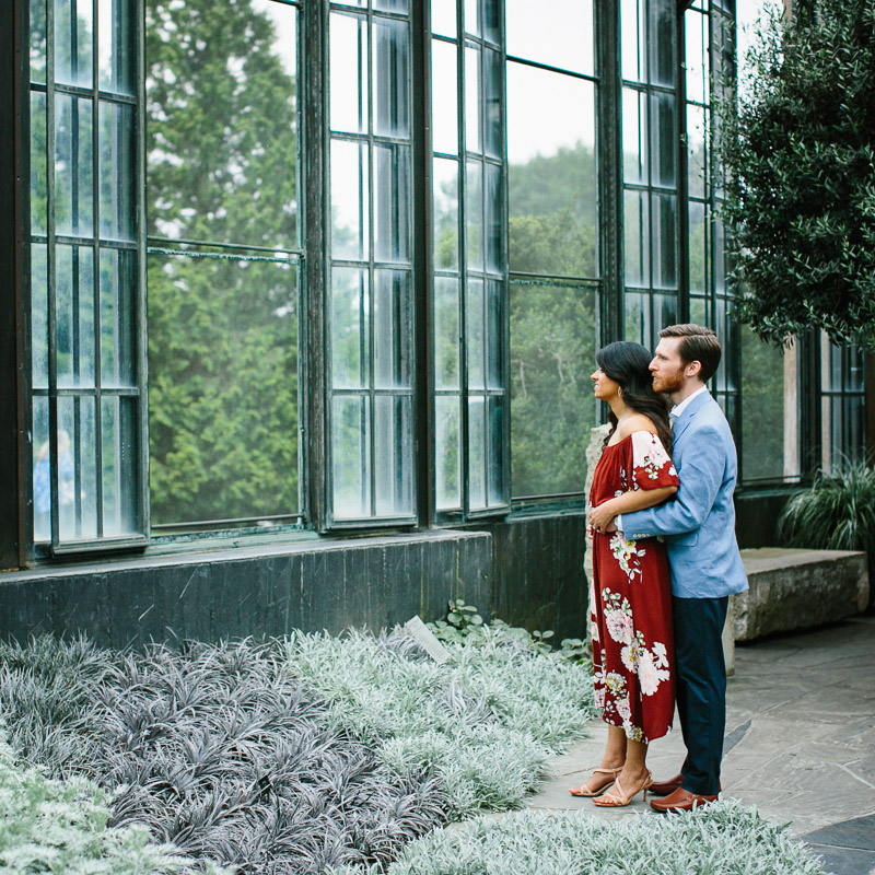 Modern couple at Longwood Gardens, a unique greenhouse outside of Philadelphia.