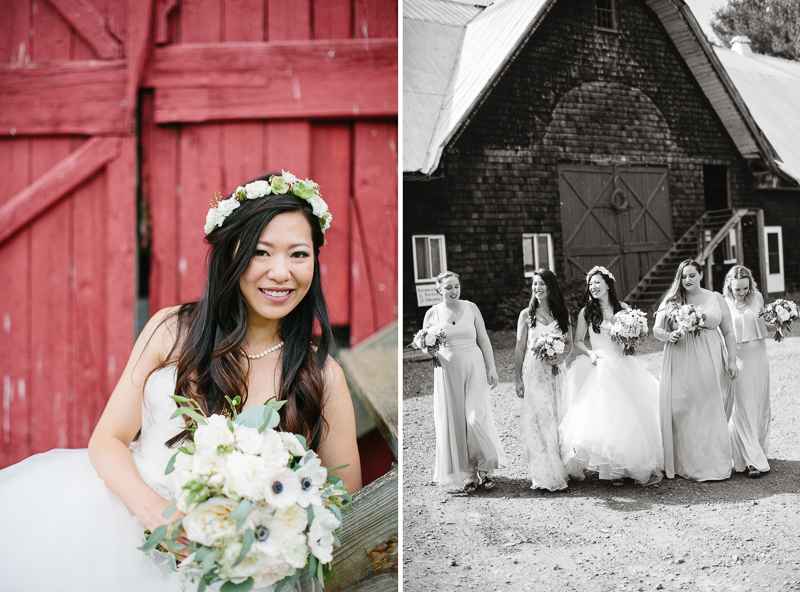 Bride and bridesmaids in front of the rustic red barn at Fernbrook Farms. 