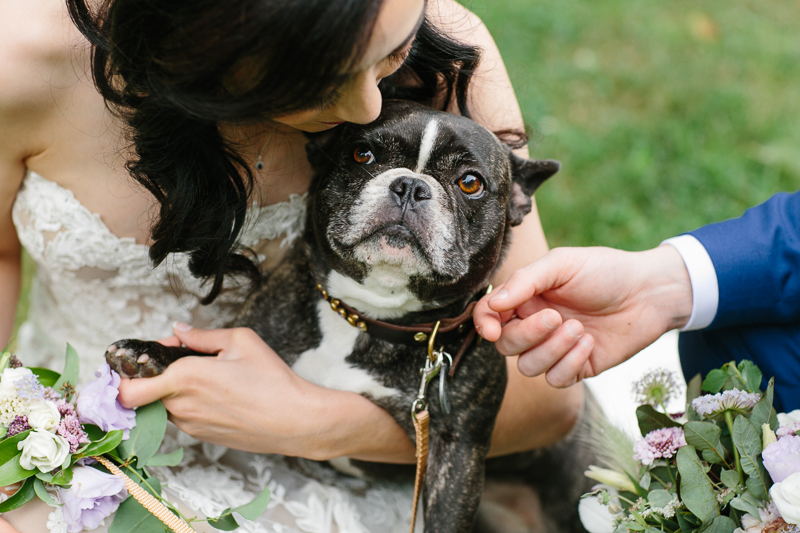 Bride and groom bring their dog to their rustic wedding ceremony.