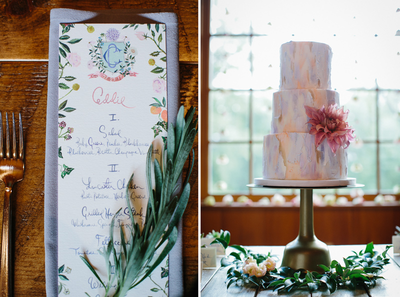 Watercolor painted menus match the floral cake at this rustic wedding venue outside of Philadelphia.