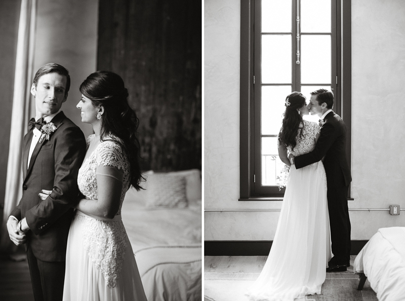Black and white portraits of the bride and groom at Lokal hotel.