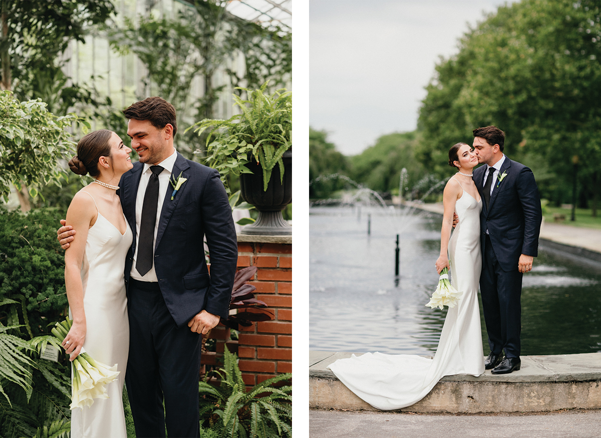 Bride and groom looking into each others eye in the greenhouse at Fairmount Park Horticulture Center.