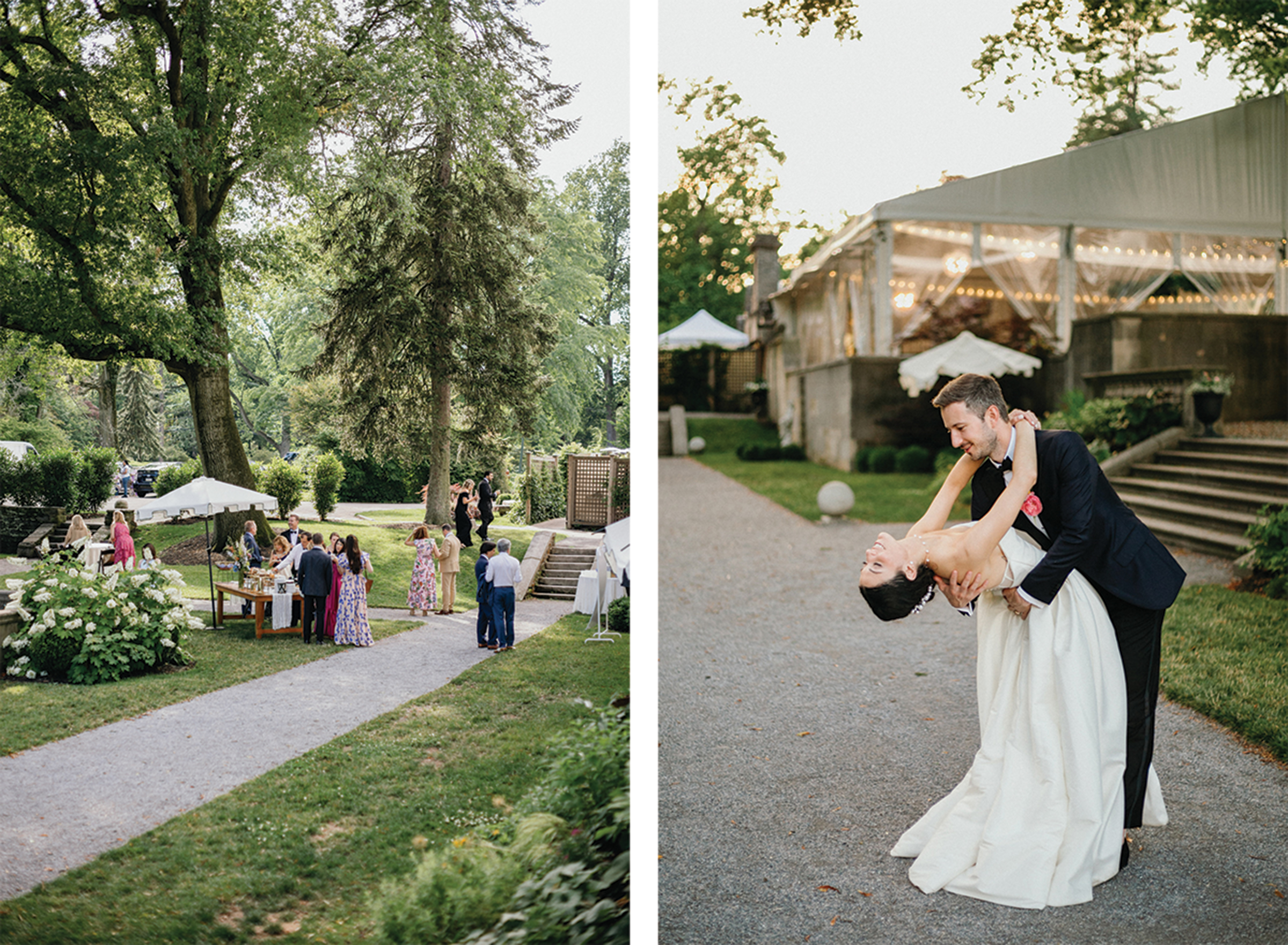 Candid photo of groom dipping bride on a stone walkway in the gardens of Curtis Arboretum.