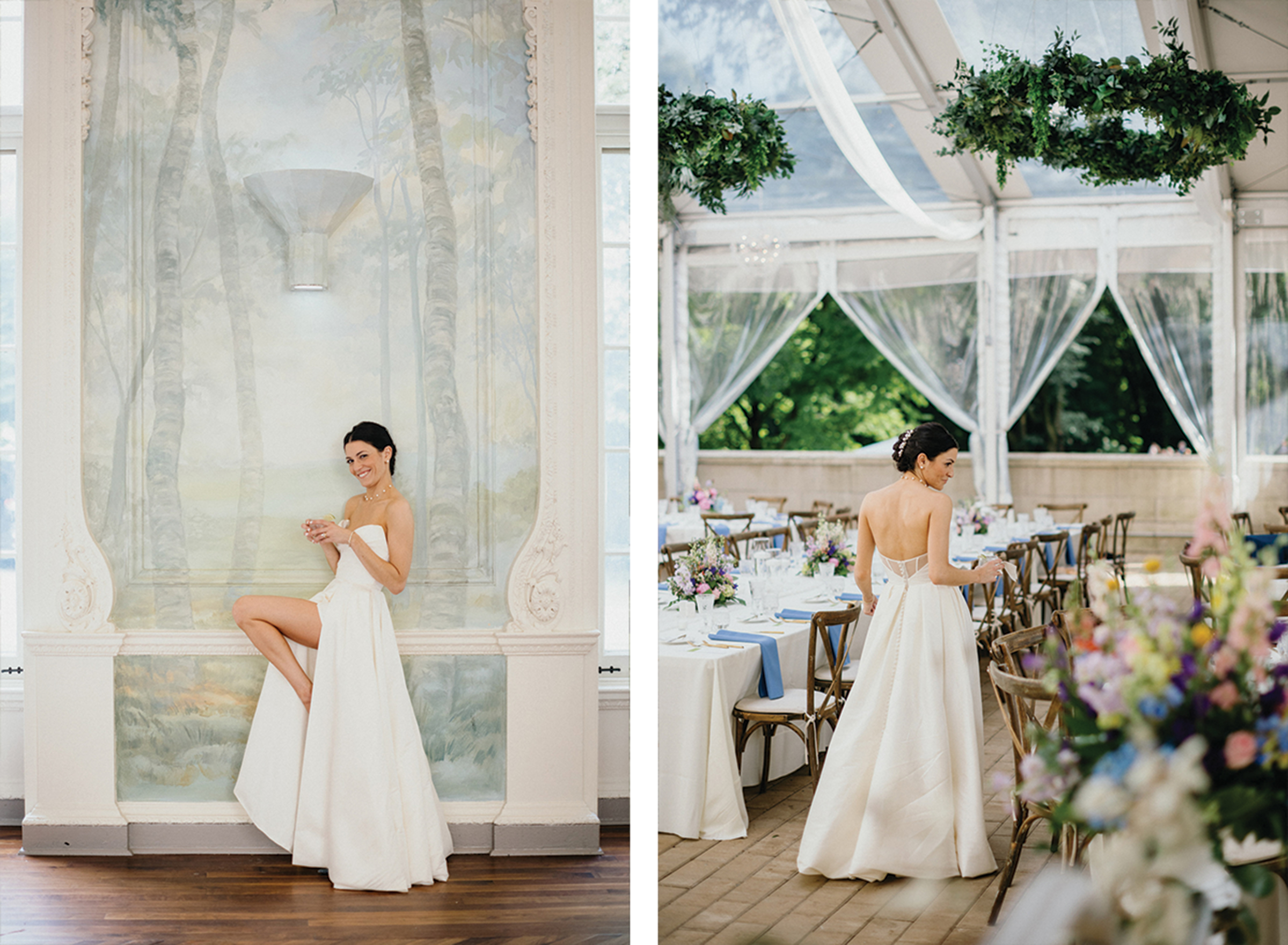 Bride posed in front of a light blue fresco mural at Morris Arboretum in Philadelphia, Pennsylvania.