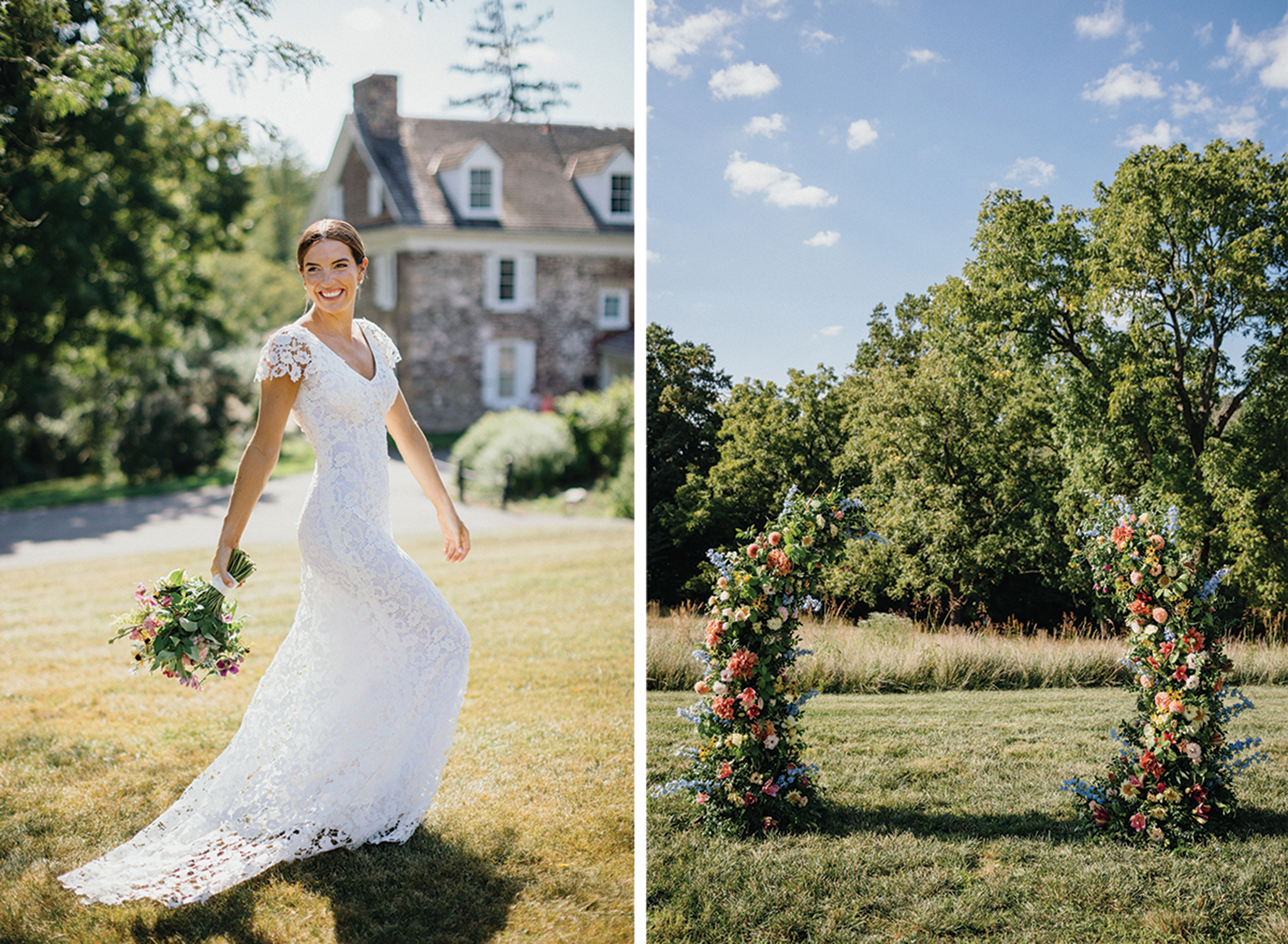 Bride in white gown walking through meadow at historic wedding venue.