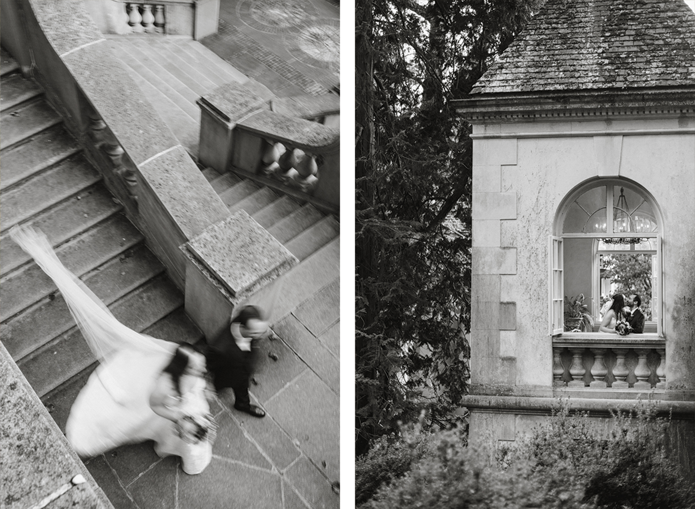 Black and white candid photo of wedding couple walking down grand staircase at outdoor castle wedding venue in Philadelphia.