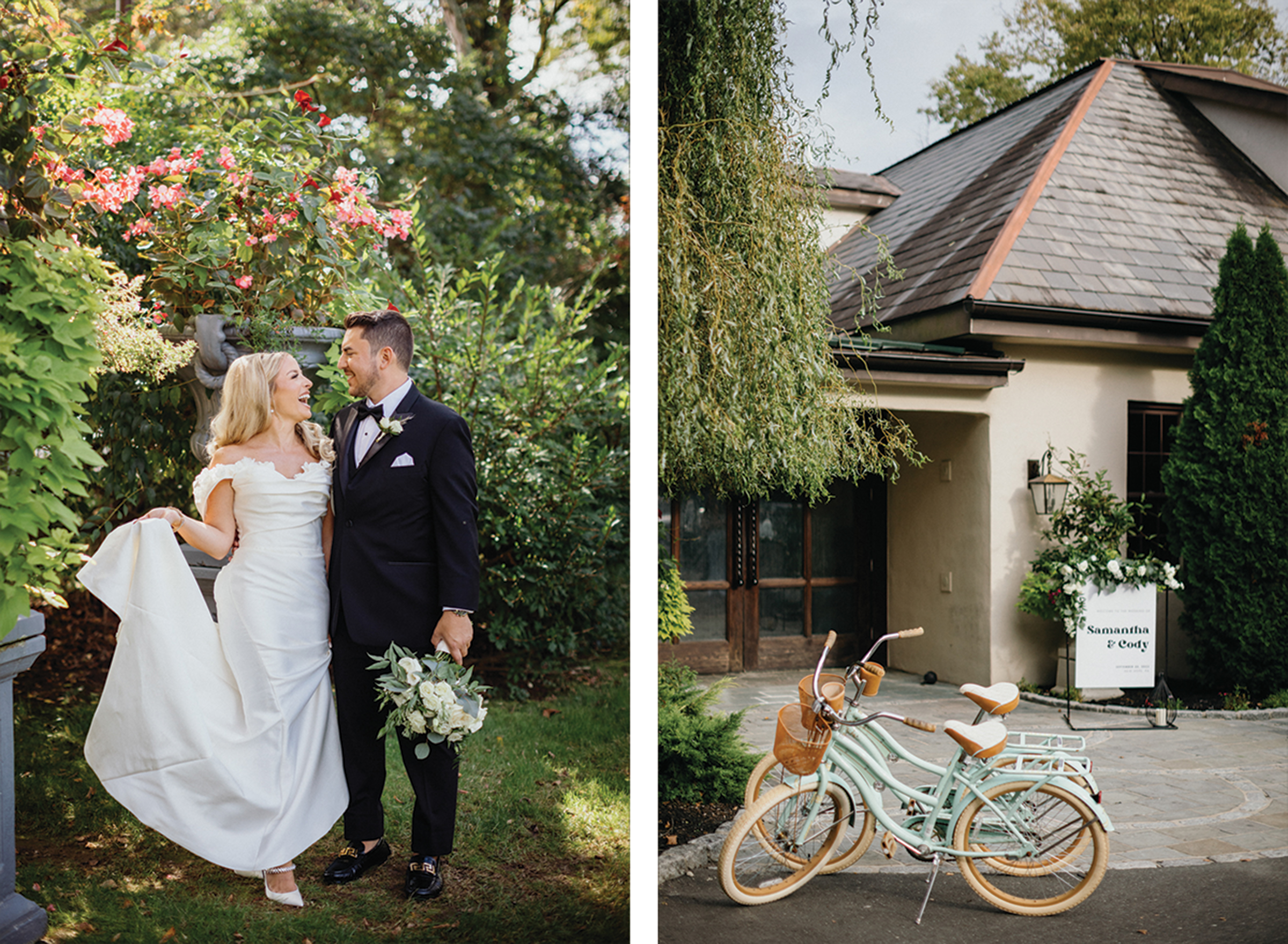 Vintage mint bikes in front of outdoor wedding venue.