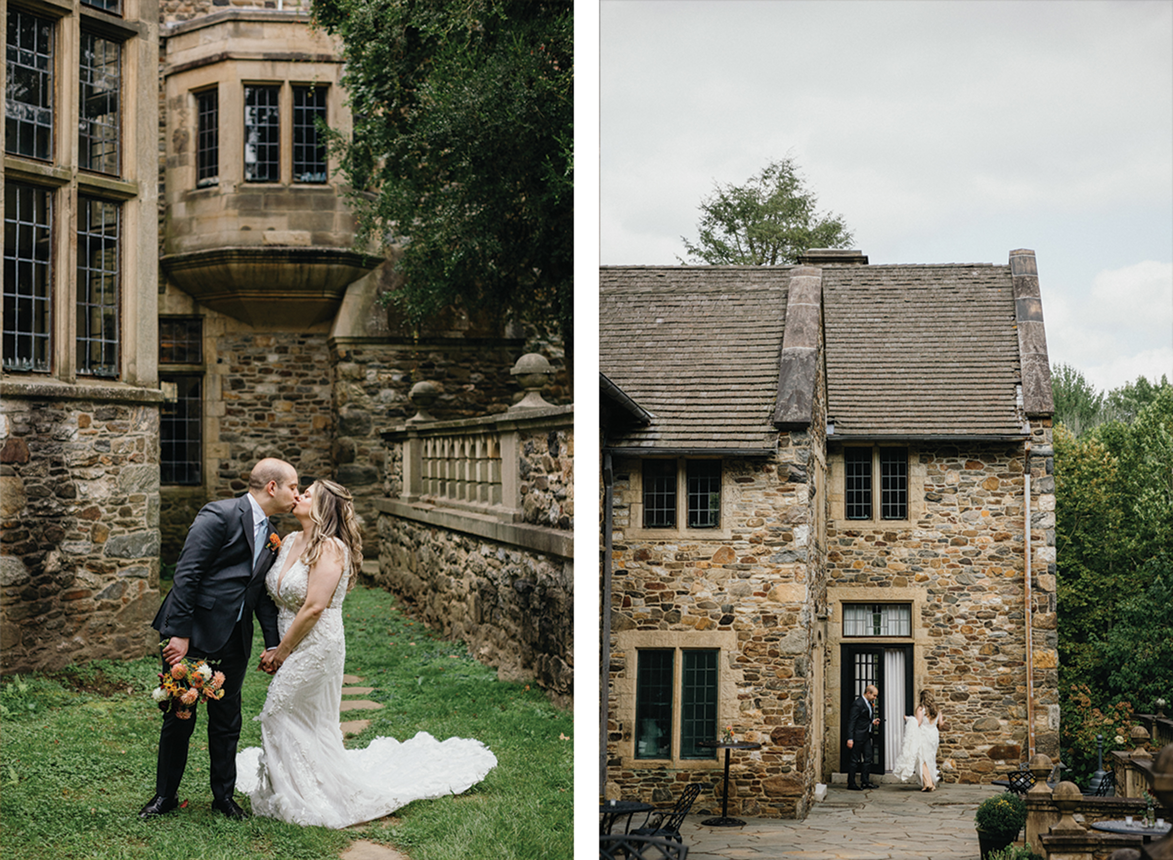 Bride and groom walking into historic, stone cottage wedding venue near Philadelphia, PA.