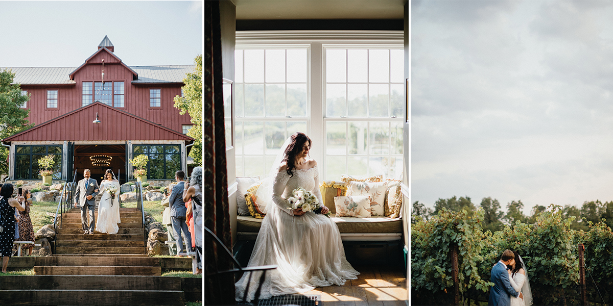 Father walks the bride down the stairs out fron of the red reception barn at Grace Winery.