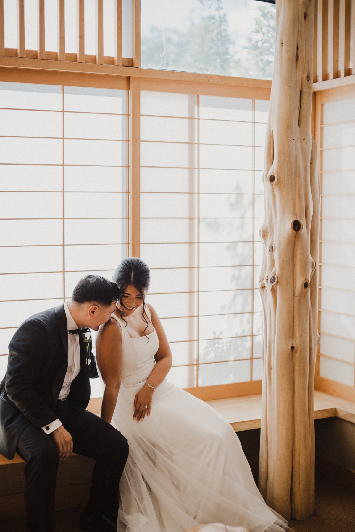 Wedding portrait in a japenese reading room at the Michener Art Museum