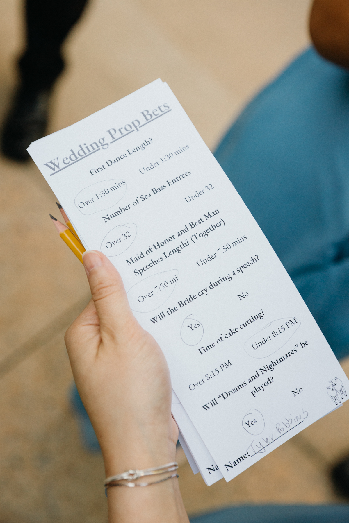 Wedding day betting sheet for guests to fill out