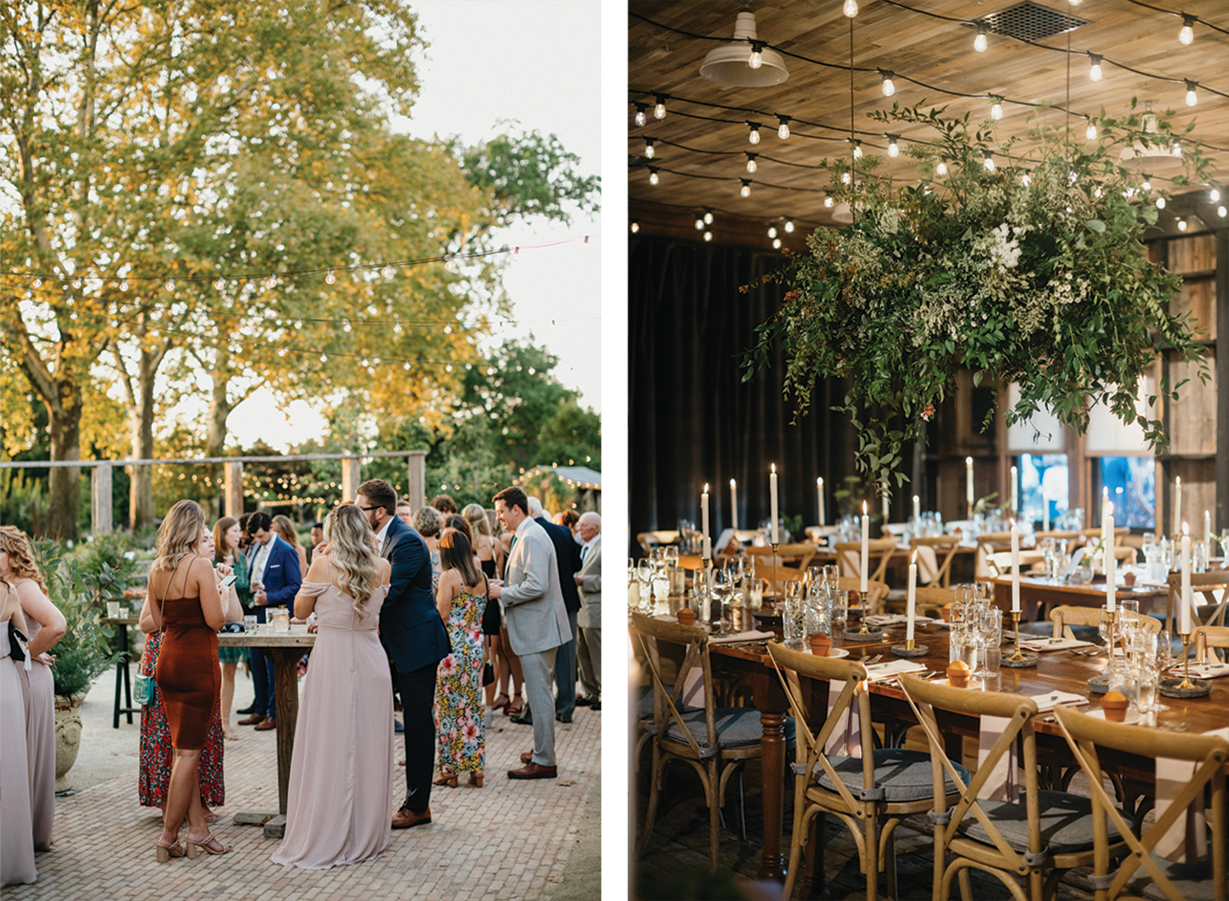 Timeless wedding reception tablescape including long taper candles and fresh greenery.