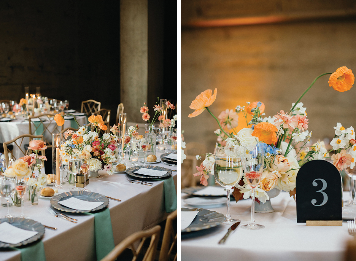 A beautifully styled table featuring bold florals and elegant place settings.