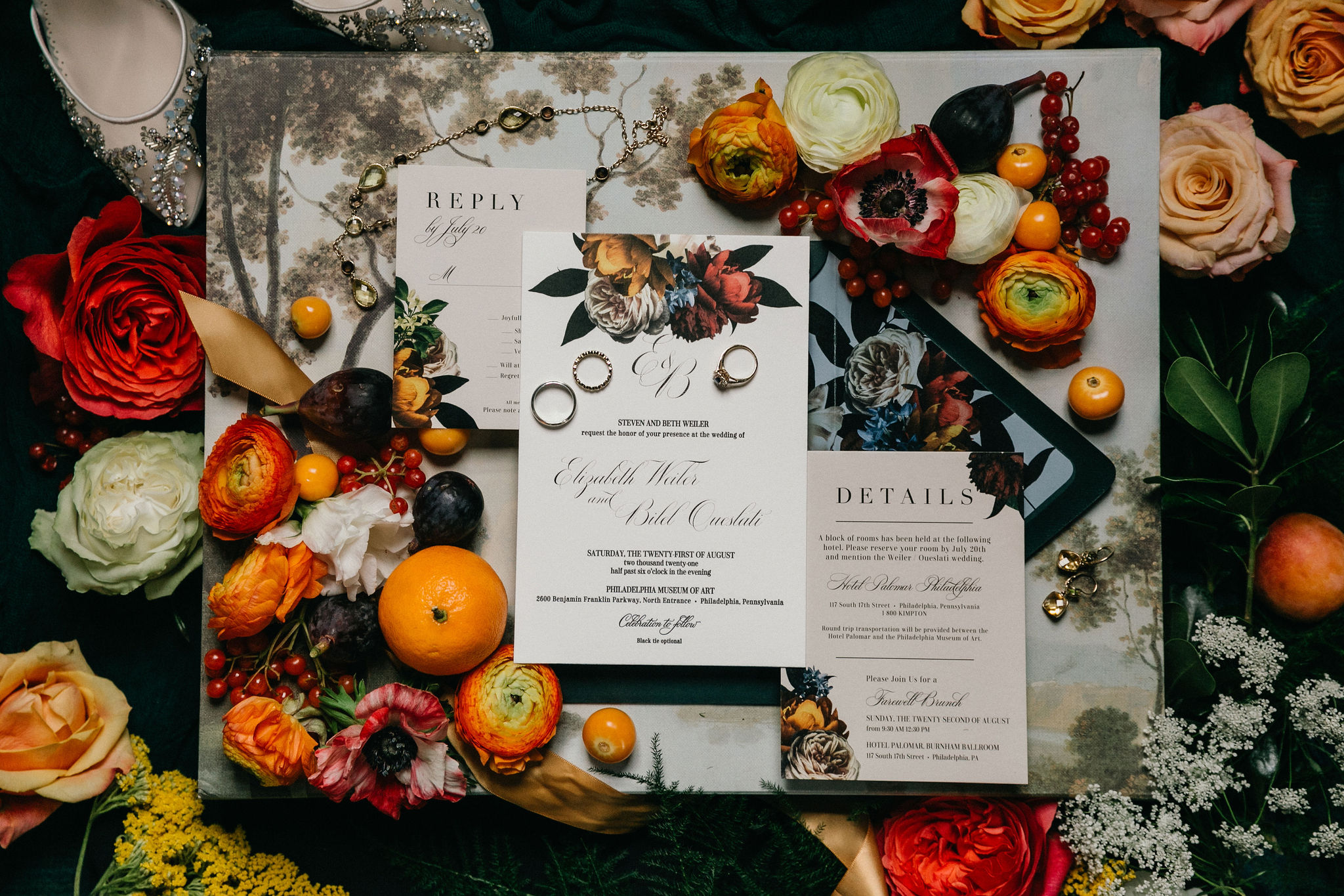 Unique wedding invitation suite with vintage and fruit accents.