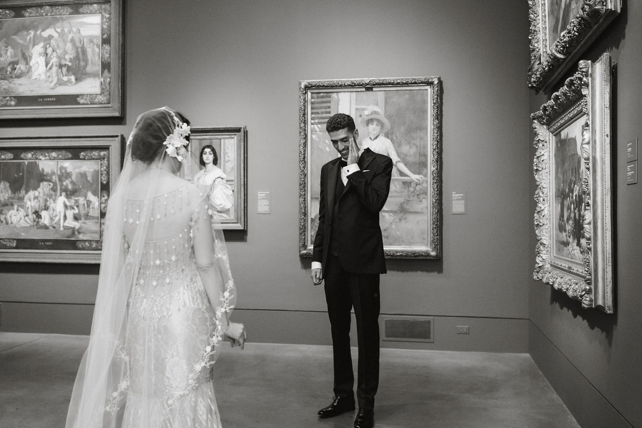 Liz and Bilel shared their first look in one of the PMA's art galleries before their Philadelphia Museum of Art wedding.