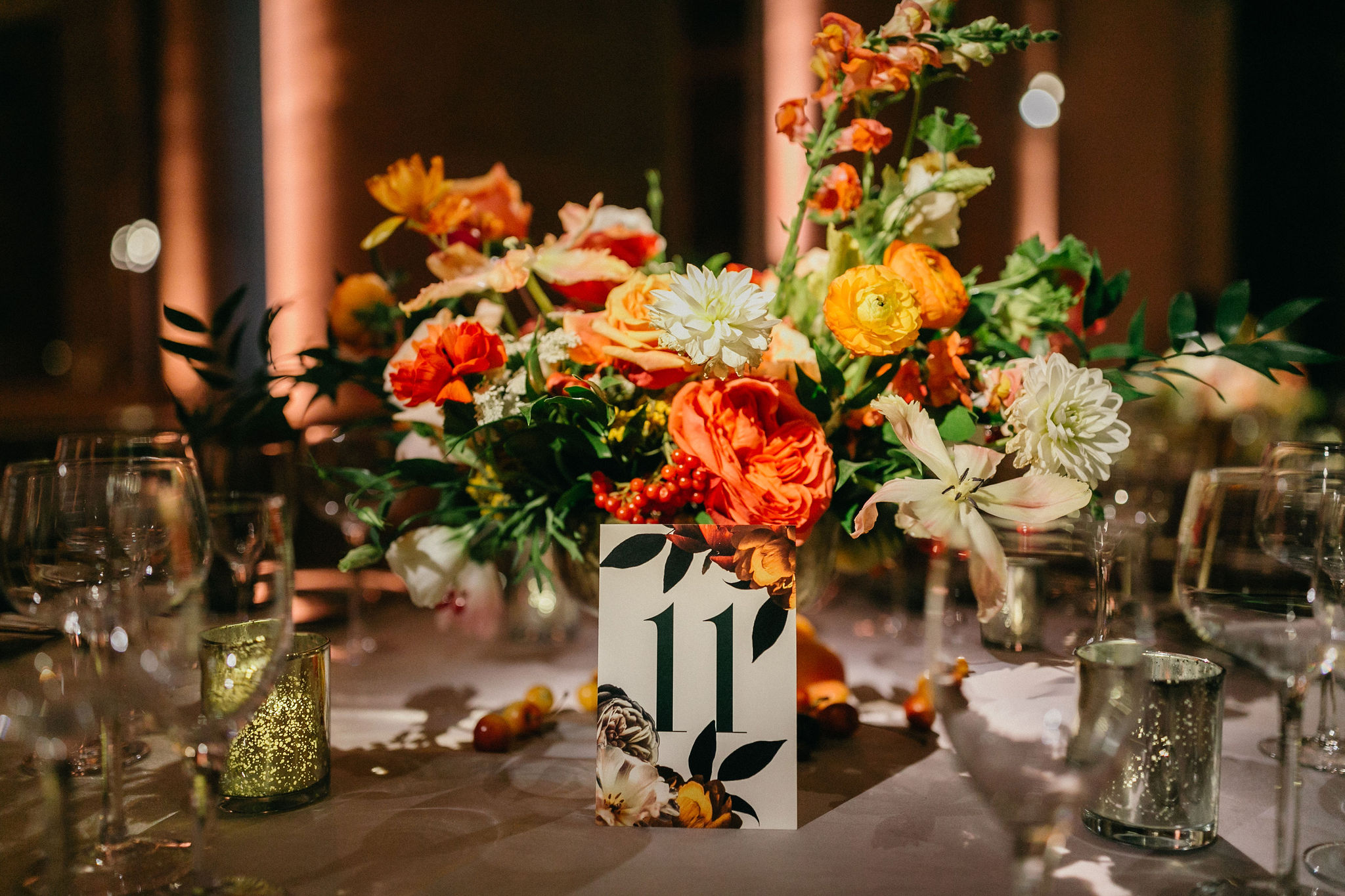 Art-inspired details at a Philadelphia Museum of Art wedding reception.