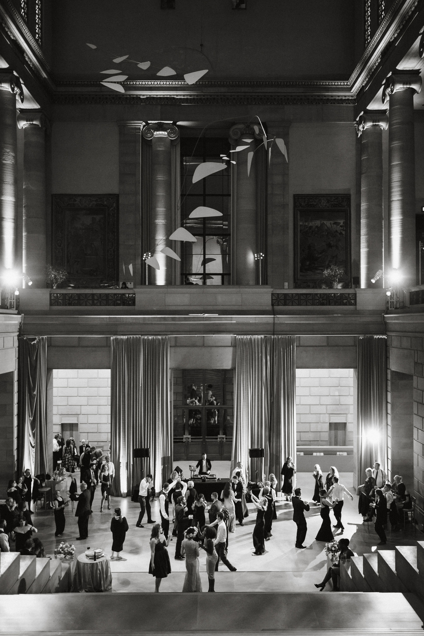 A view of the wedding reception setup in the Philadelphia Museum of Art.