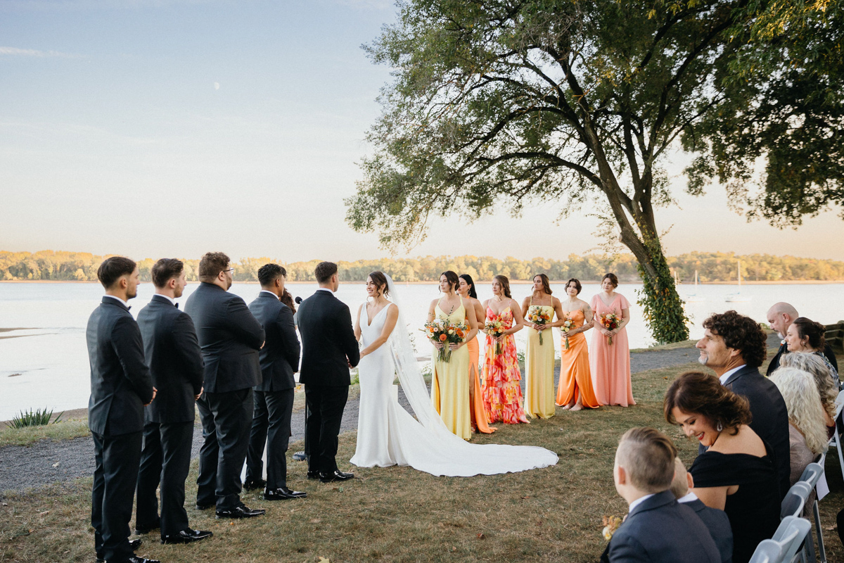 Outdoor waterfront wedding ceremony at Glen Foerd.