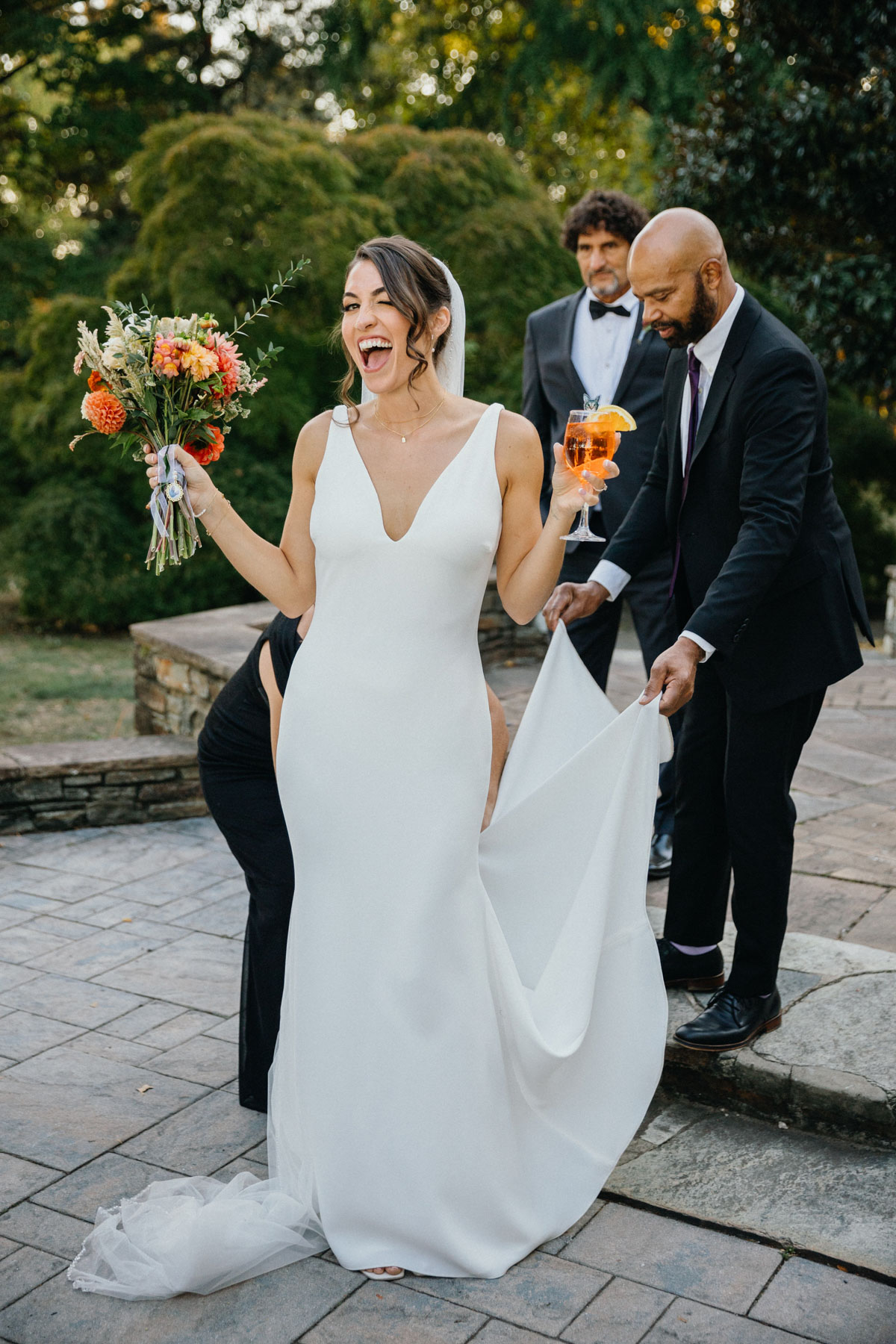 Candid photo of bride after her wedding ceremony.