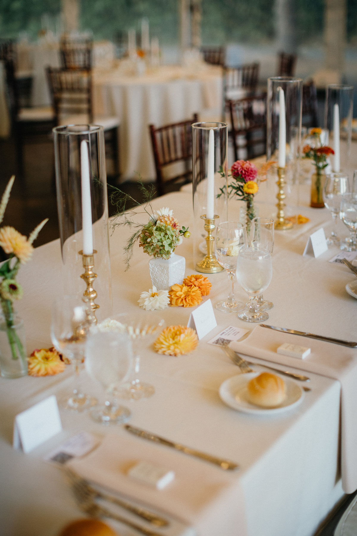 Colorful and modern wedding reception table.