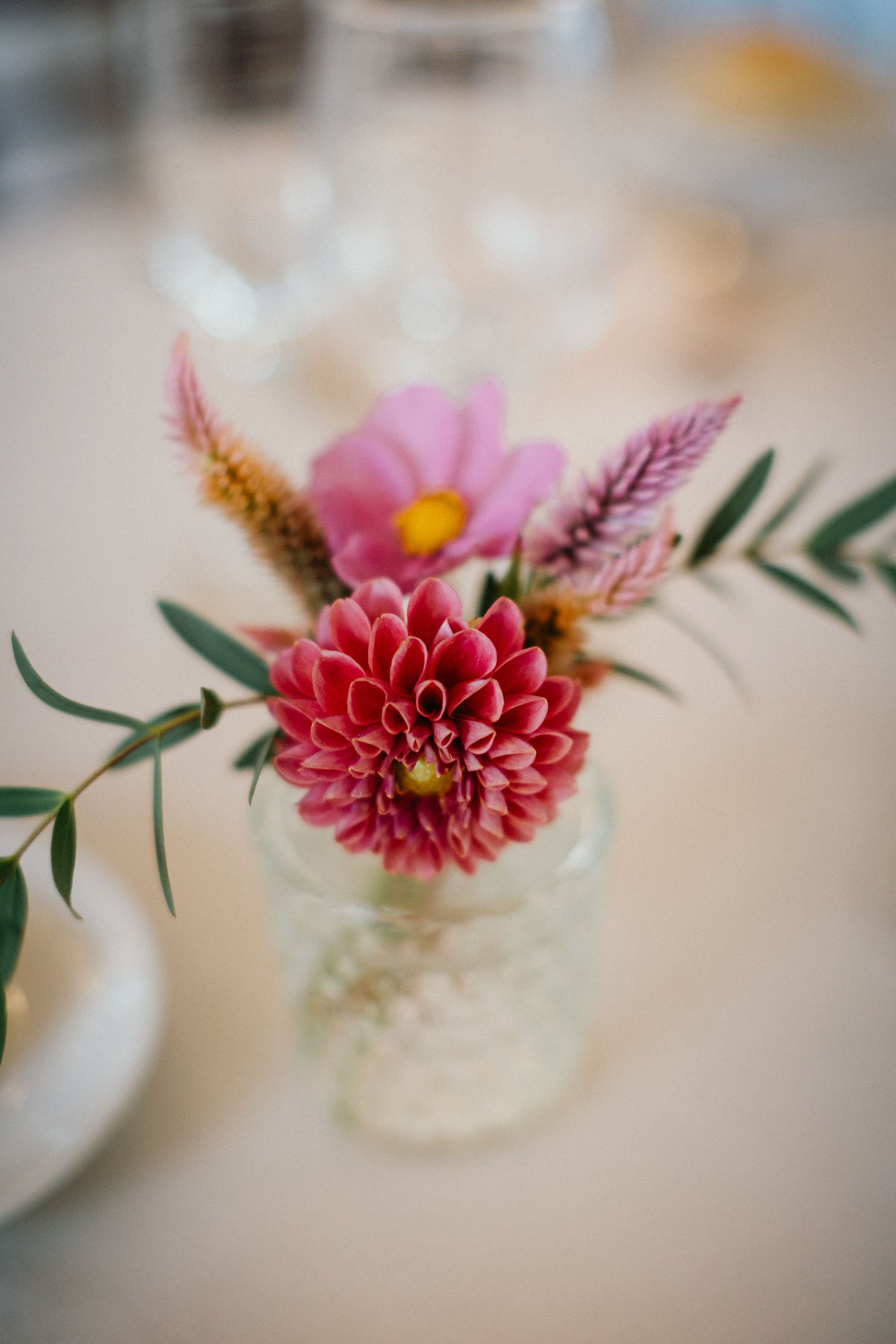 Small bud vase with pink florals for Glen Foerd wedding.