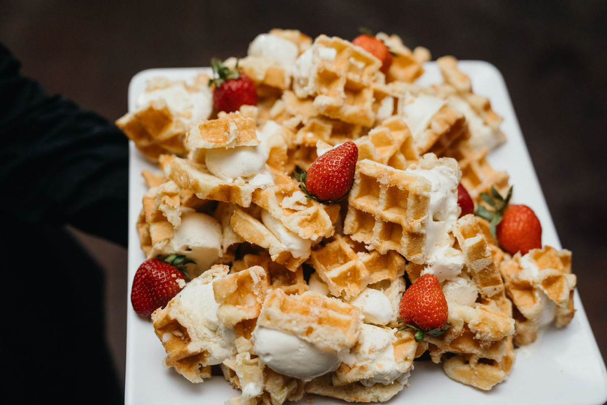 Waffle ice cream sandwiches made by Jaimie Hollander Catering for a wedding reception at Glen Foerd.