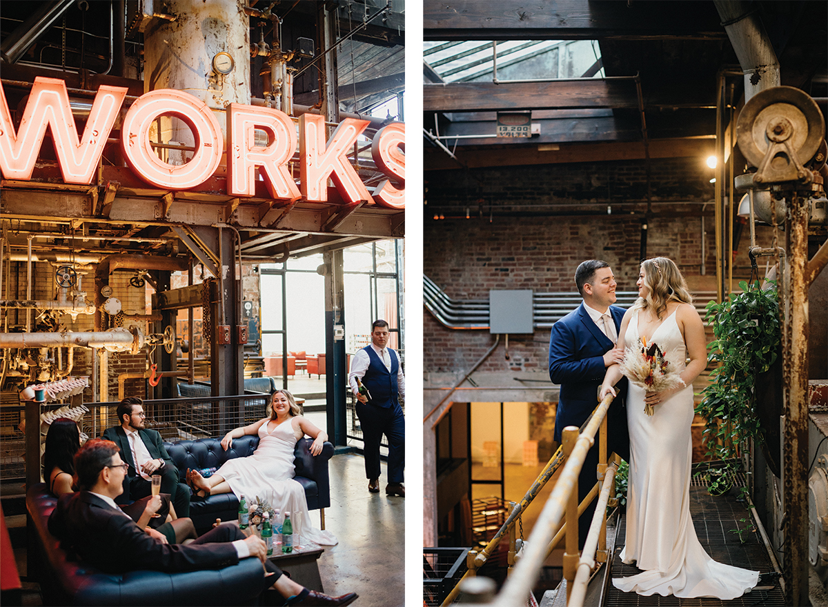 Unique Global Dye works wedding reception with neon lights and industrial touches.