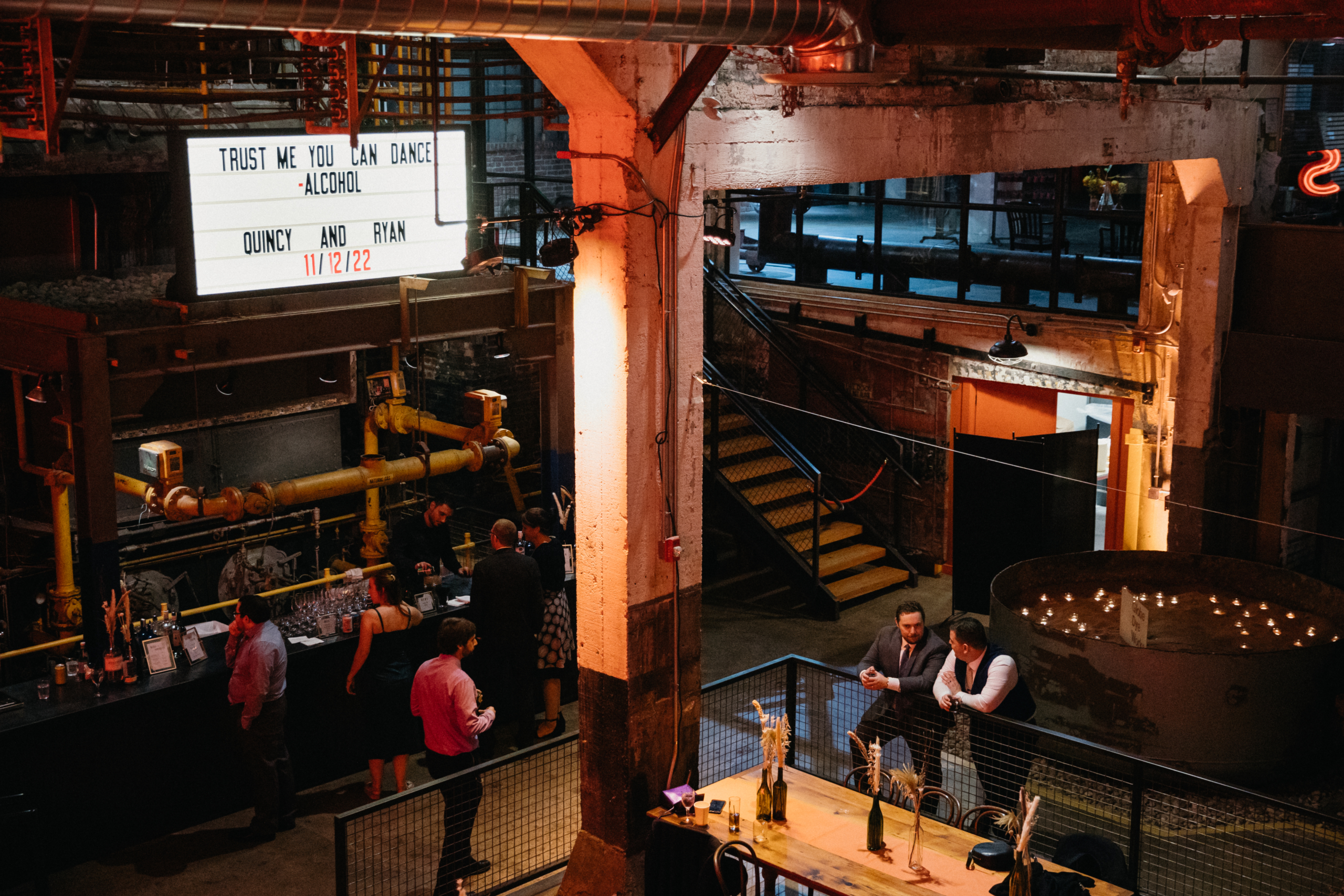 Industrial and modern wedding reception at a unique Philadelphia wedding venue. 