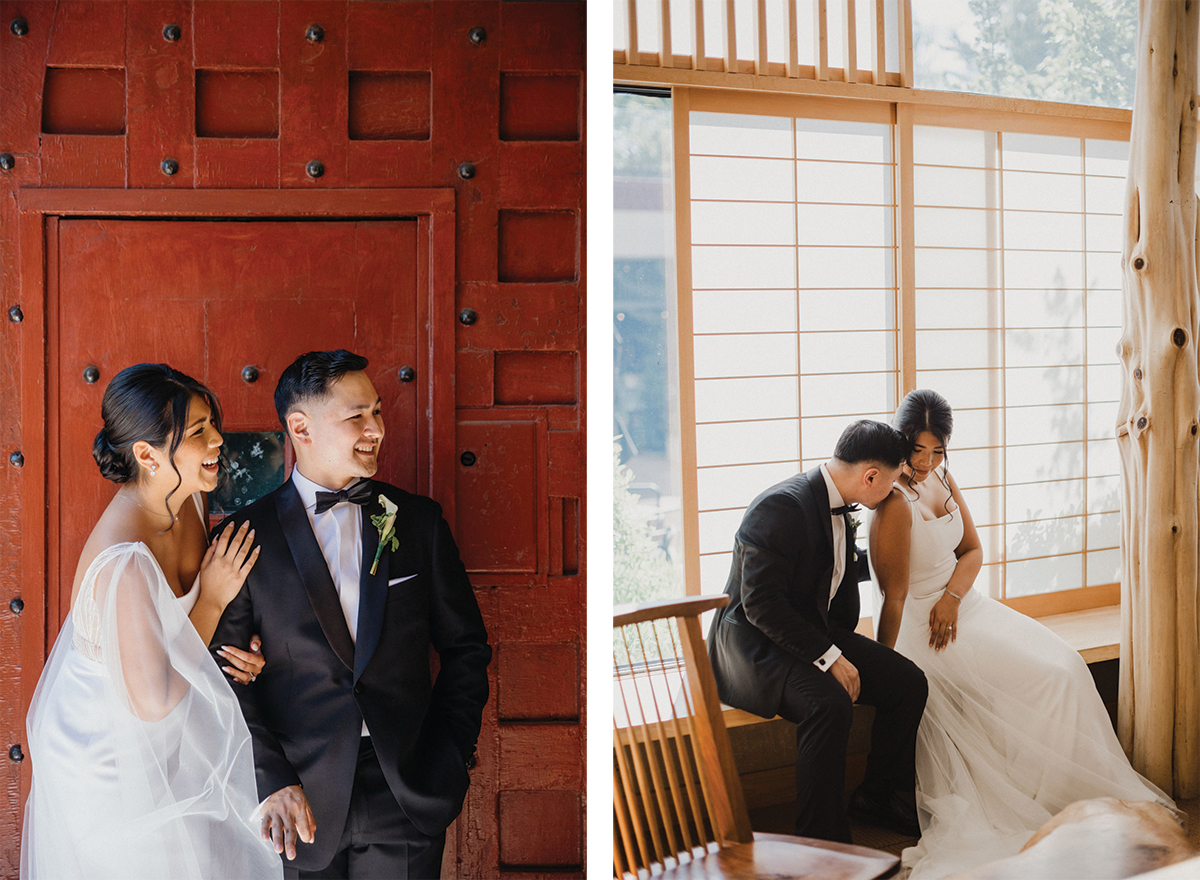 A candid moment between the newlyweds, captured in the Michener Museum’s modern pavilion.