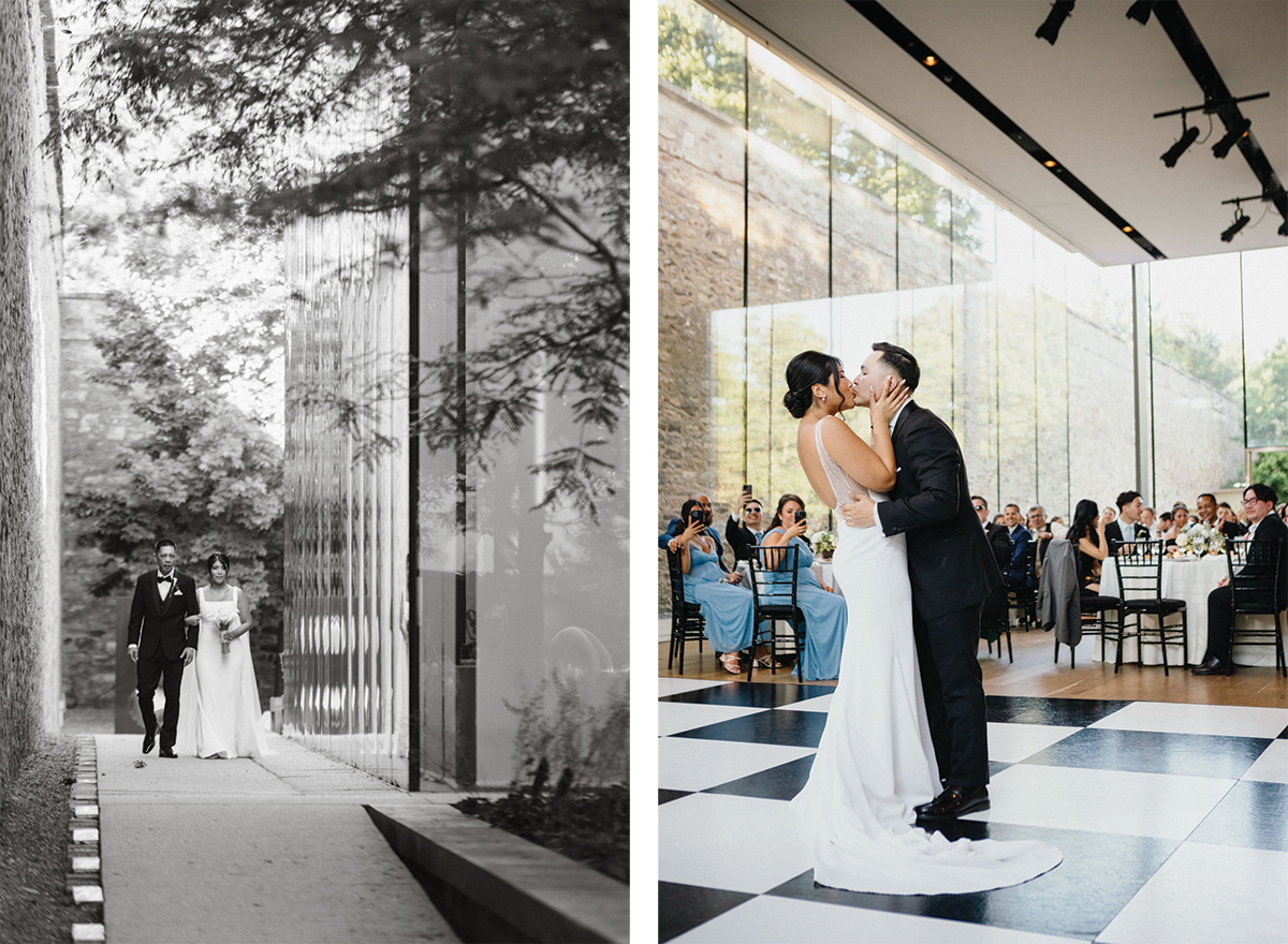  A romantic first dance unfolds under twinkling lights in the Michener Museum’s glass-enclosed reception space.