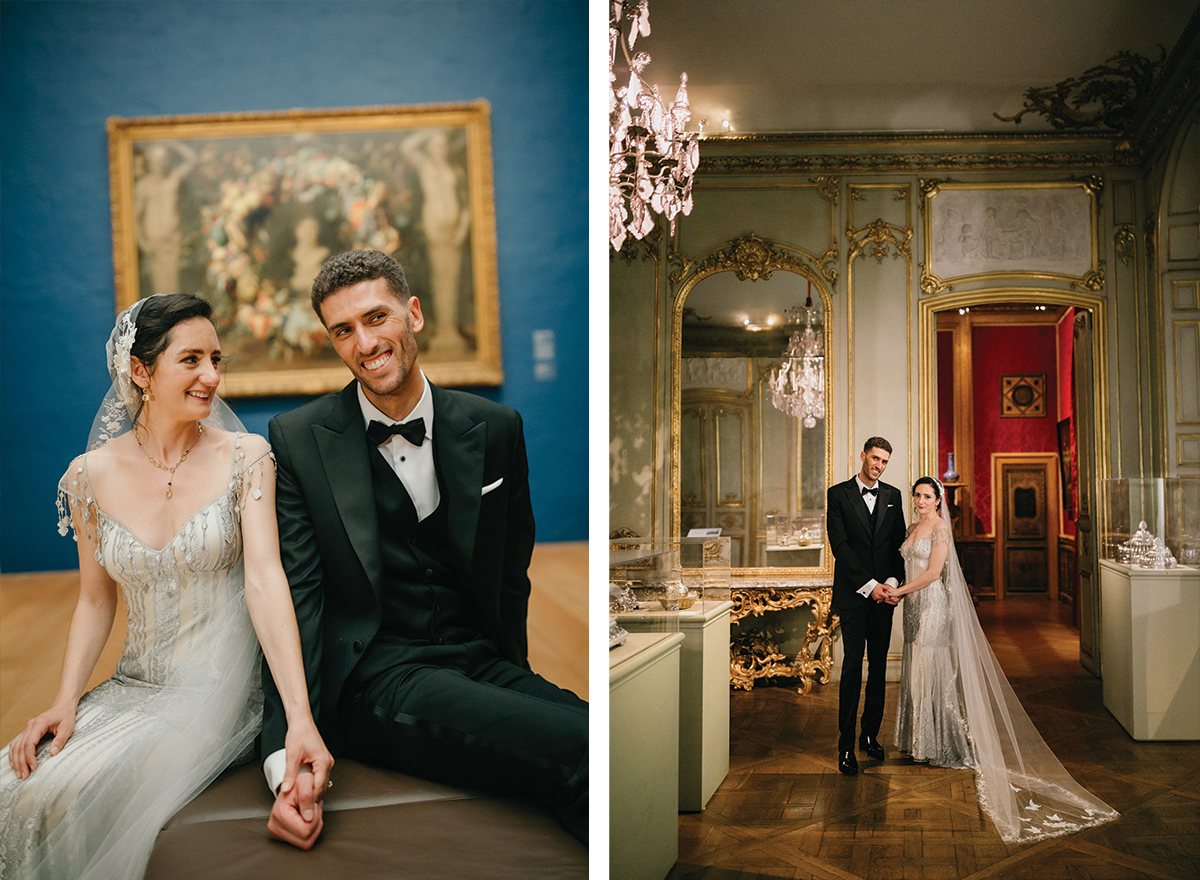 Wedding portraits taken in front of a historic exhibit at a Philly museum venue.