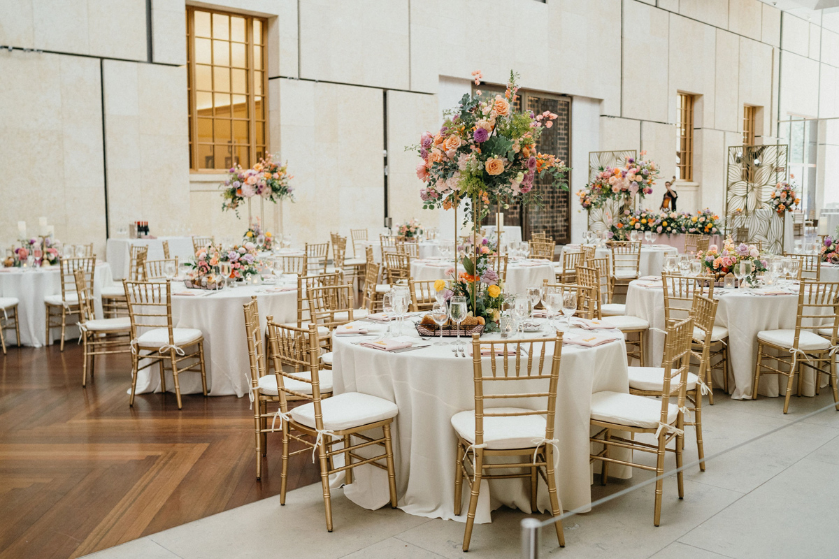 Unique floral arrangements set against the backdrop of a Philly museum venue.