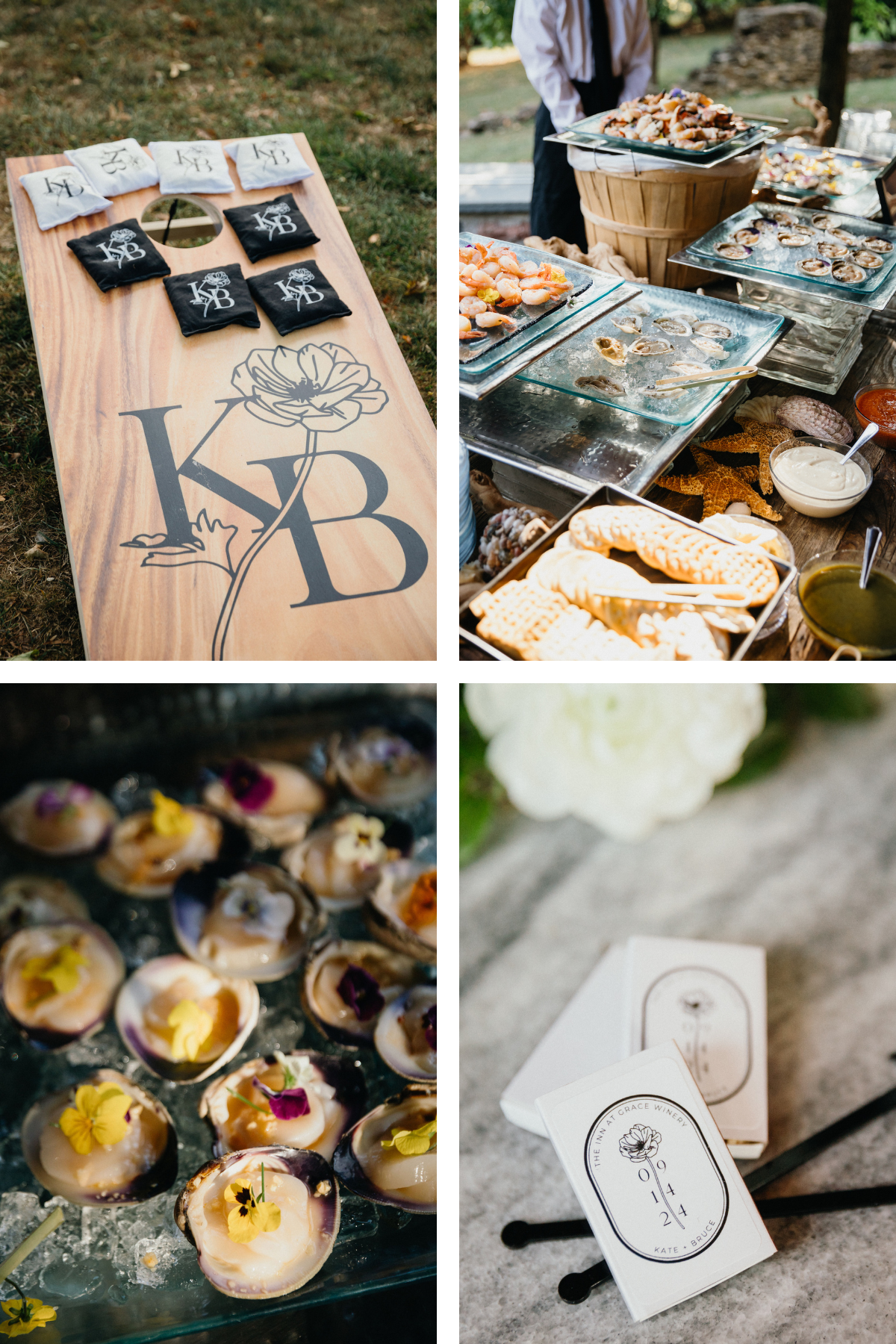 A rustic wooden cornhole set with custom wedding details.