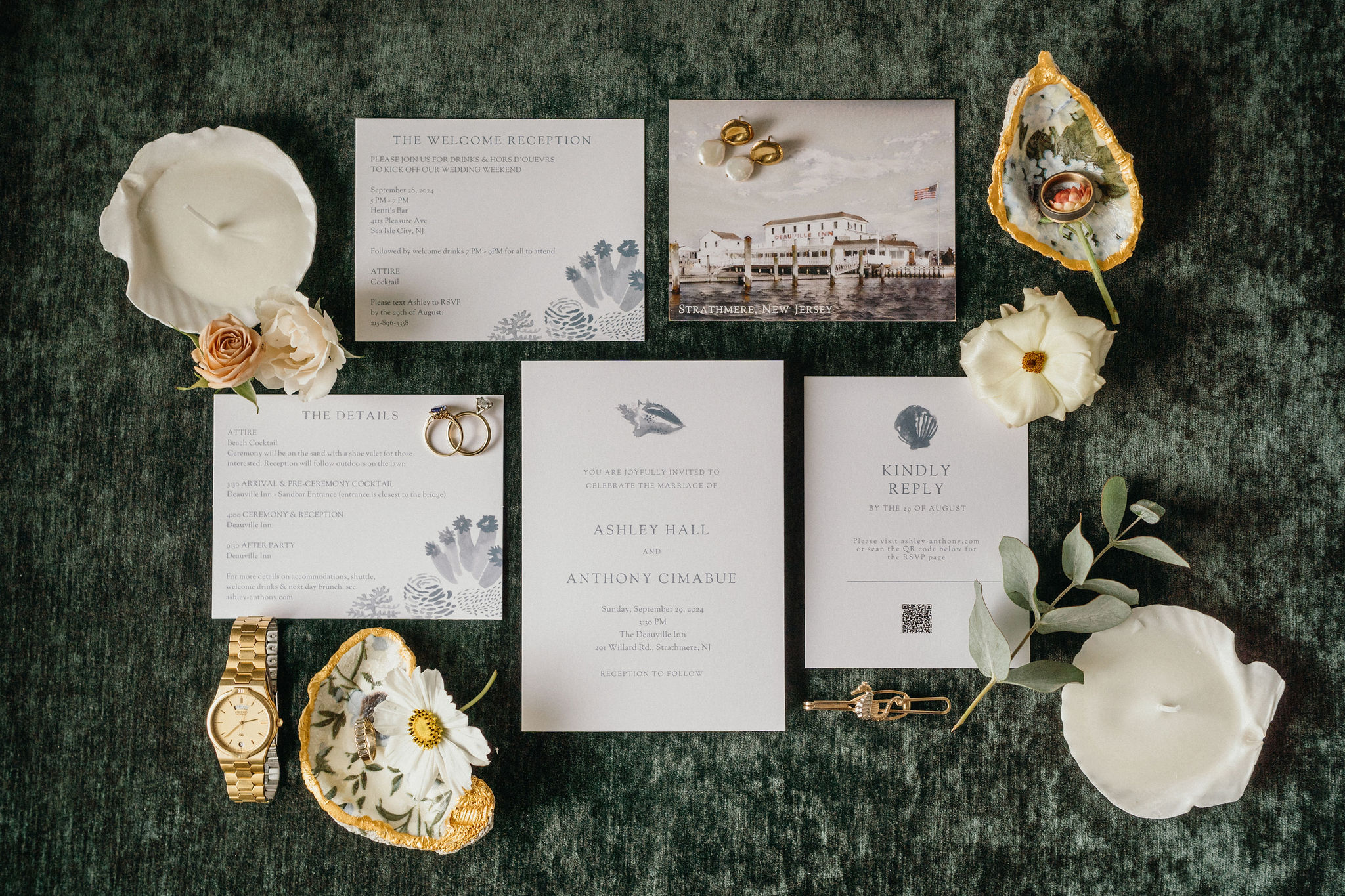 Boho, matte invitation suite for beach wedding at Deauville Inn.