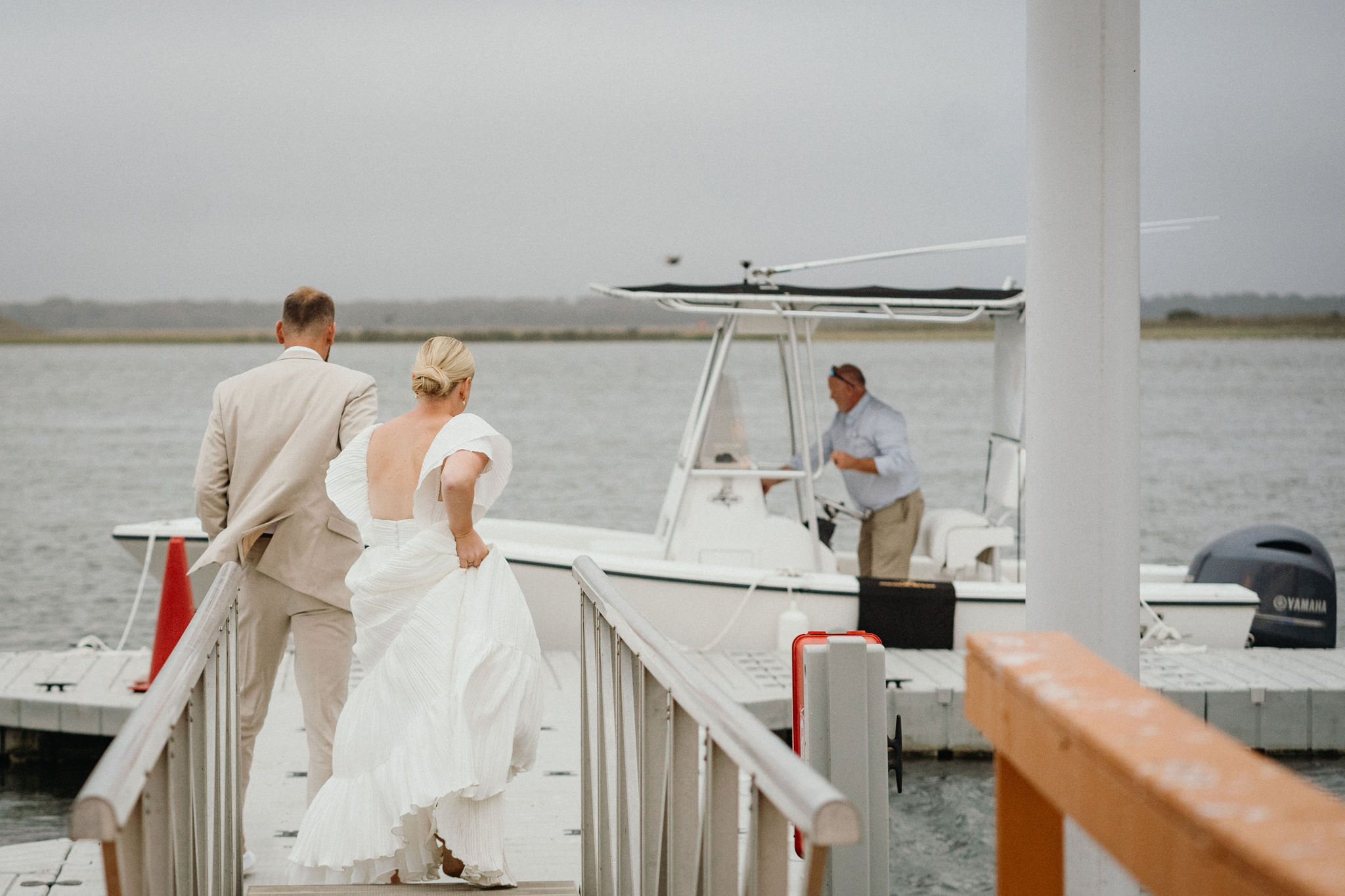 A getaway by boat after a New Jersey beach wedding.