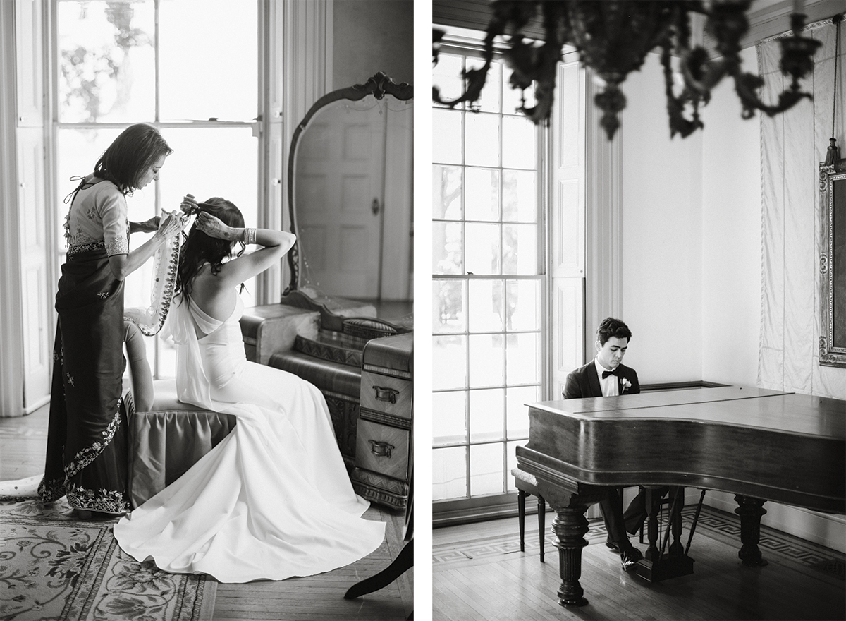 Estate wedding venue with a grand piano, marble floors, and soaring windows.