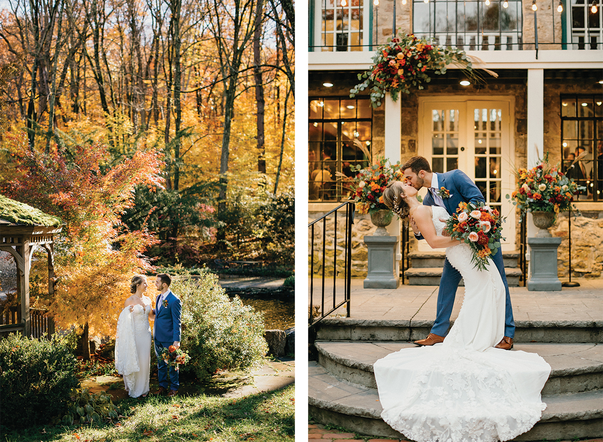 Estate wedding venue in Philadelphia with vibrant fall foliage.