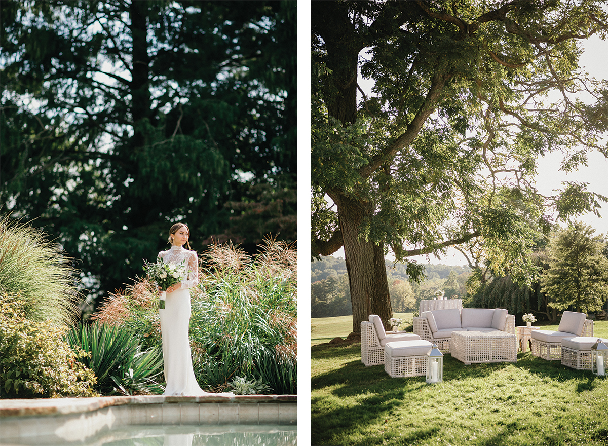 Sunlit portrait and detail shot of furniture rentals at Radnor Hunt wedding in Philadelphia, PA.