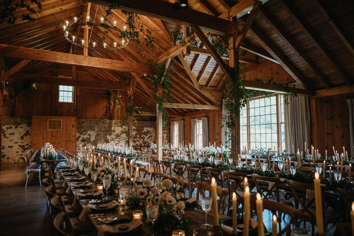 A candlelit dinner brings an elegant touch to a vineyard wedding reception.