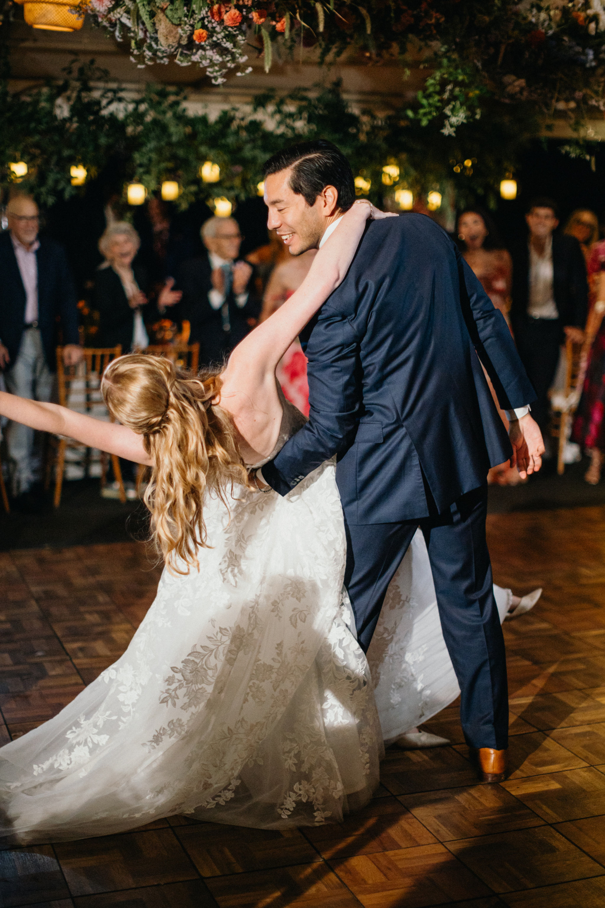 A couple dancing under the stars at a garden wedding venue in Philadelphia.