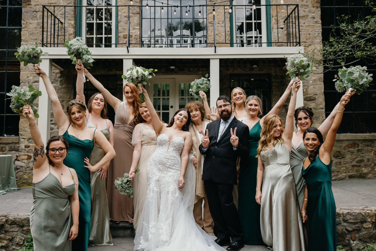bridal party photos in courtyard at new hope wedding